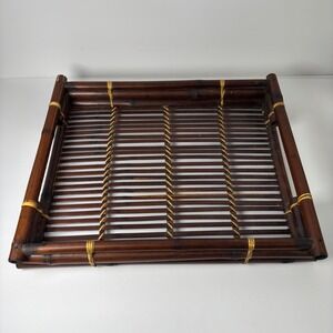 Vintage Bamboo Serving Tray Large Dark Brown Boho Slatted Rattan Tiki Primitive